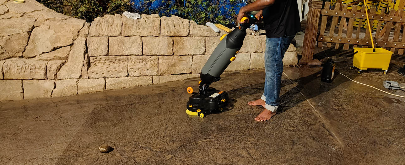 Wet floor anti-slip treatment at a water theme park on Palm Jumeirah