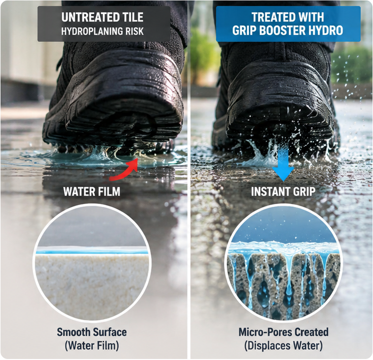 Grip Booster Hydro mechanism of action showing untreated and treated tile surfaces